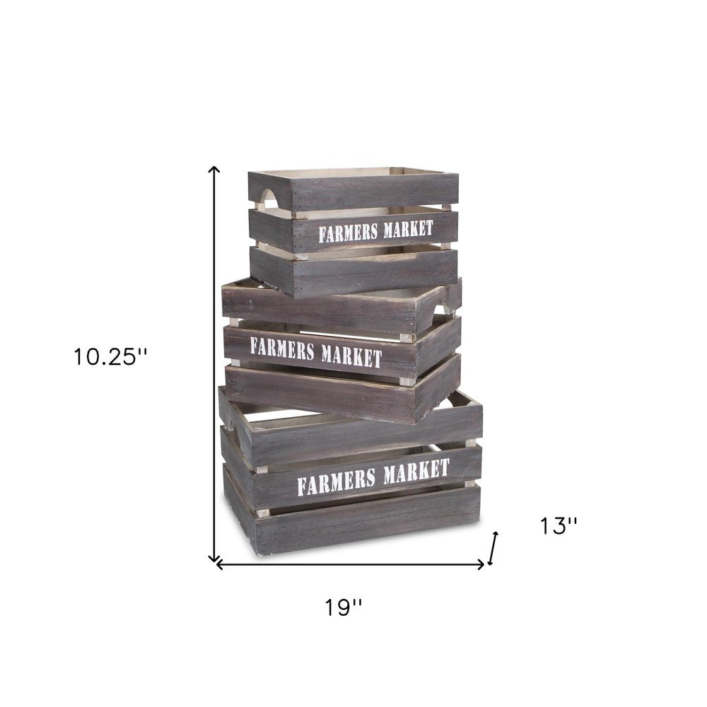 Set of Three Dark Brown Nesting Solid Wood Crate