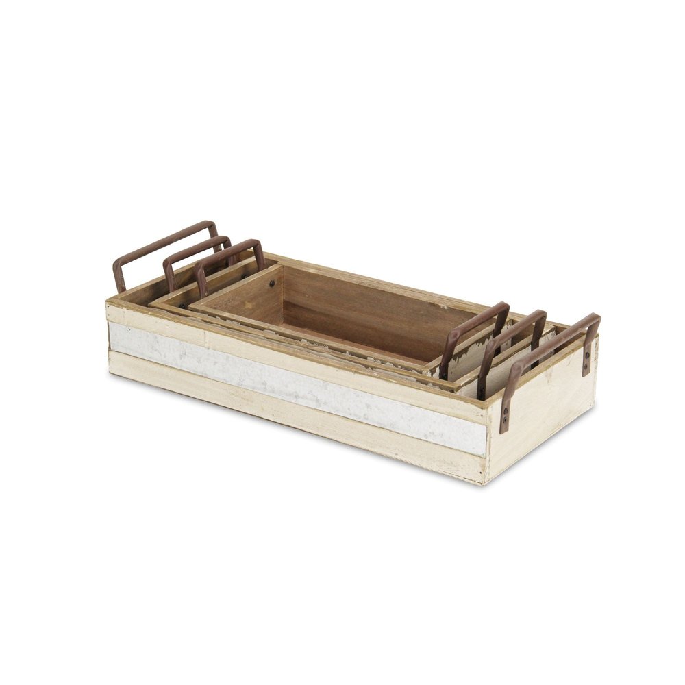 Set of Three White Nesting Solid Wood And Metal Crate