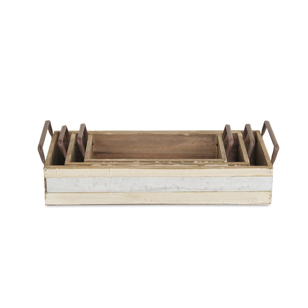Set of Three White Nesting Solid Wood And Metal Crate
