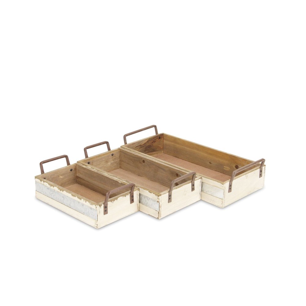 Set of Three White Nesting Solid Wood And Metal Crate
