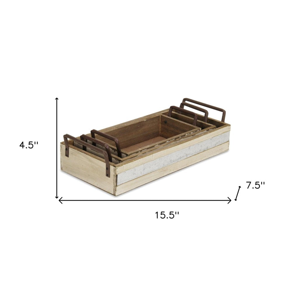 Set of Three White Nesting Solid Wood And Metal Crate