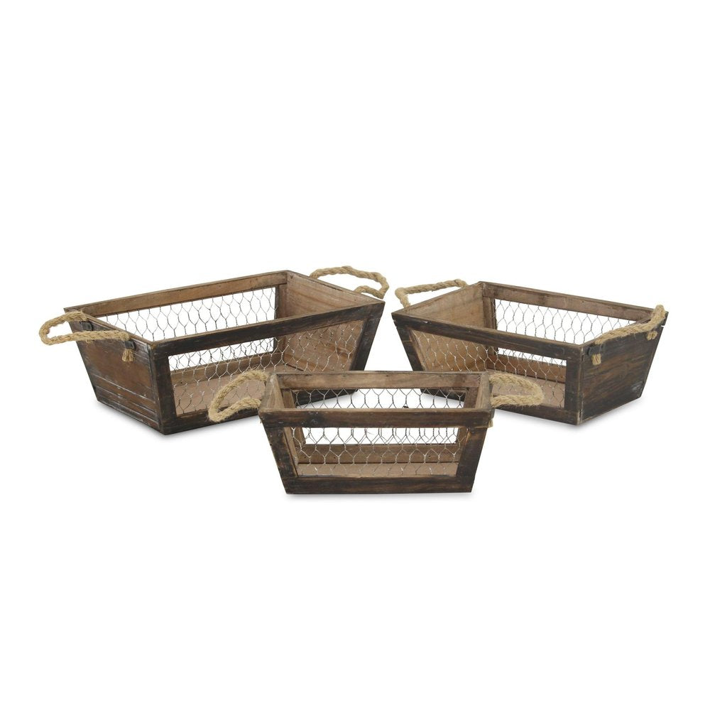 Set of Three Dark Brown Nesting Solid Wood And Metal Crate