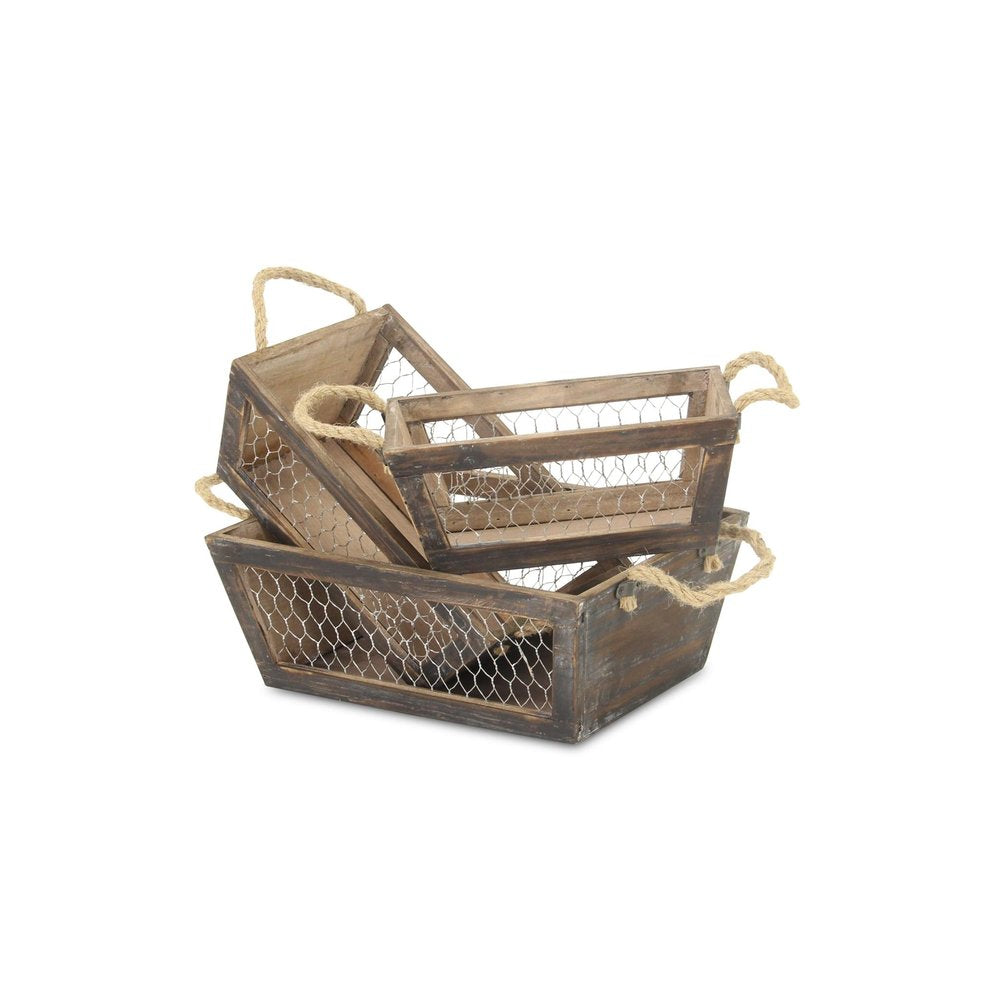 Set of Three Dark Brown Nesting Solid Wood And Metal Crate