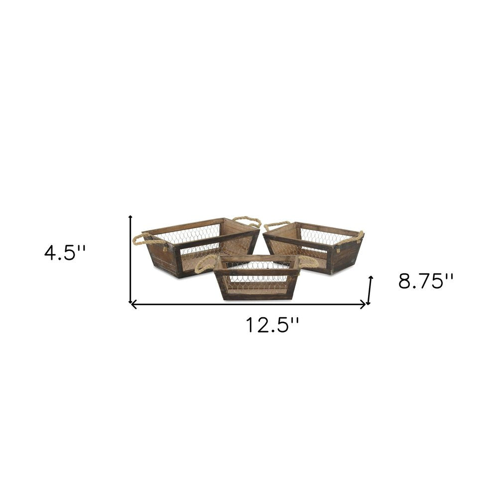 Set of Three Dark Brown Nesting Solid Wood And Metal Crate