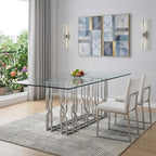 87" Clear And Silver Glass And Stainless Steel Pedestal Base Dining Table