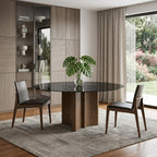 71" Smoky Black And Brown Rounded Glass And Solid Manufactured Wood Pedestal Base Dining Table