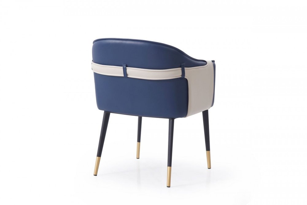 Blue Beige and Black Upholstered Faux Leather Dining Arm Chair
