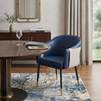 Blue Beige and Black Upholstered Faux Leather Dining Arm Chair
