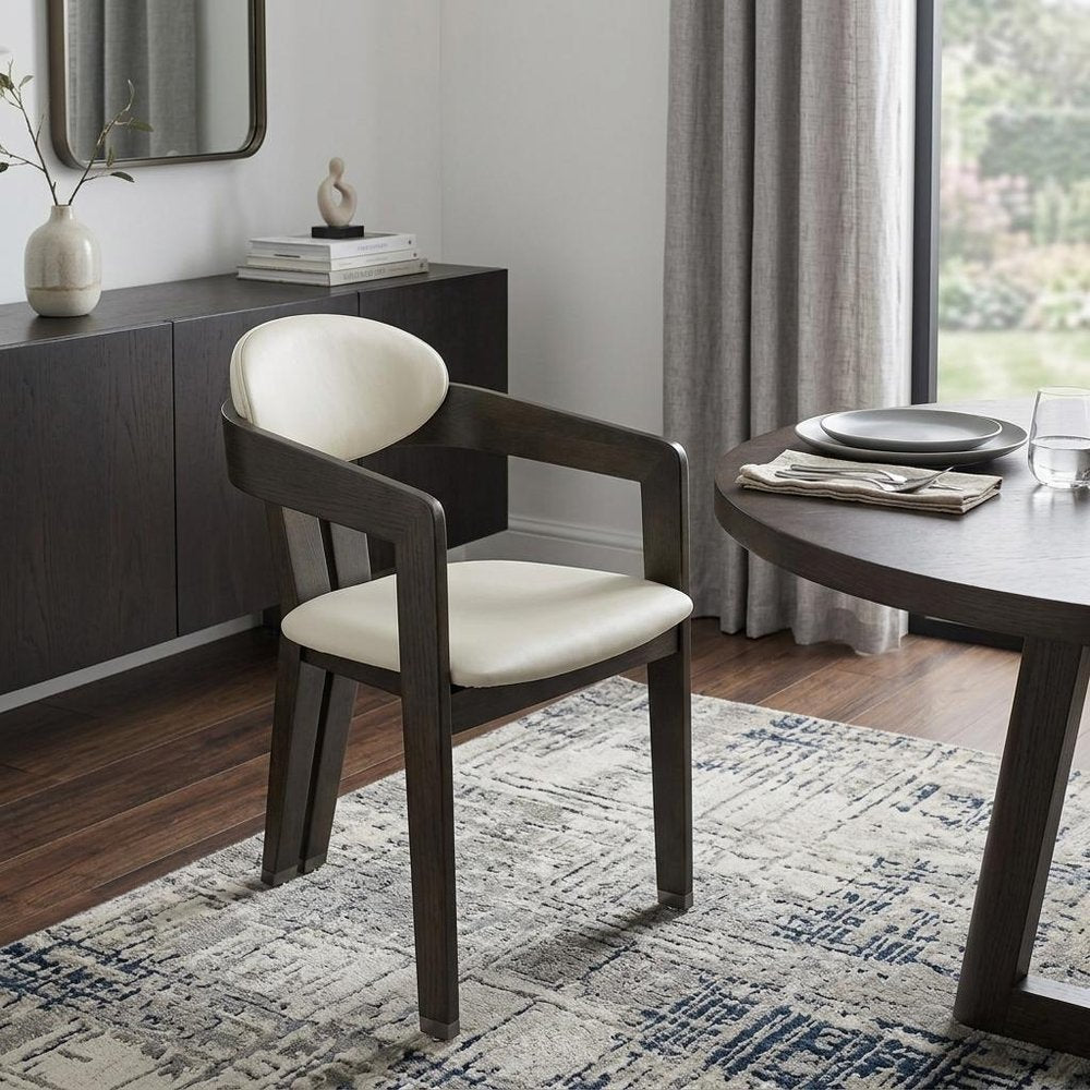 Light Gray And Dark Gray Upholstered Faux Leather Open Back Dining Arm Chair