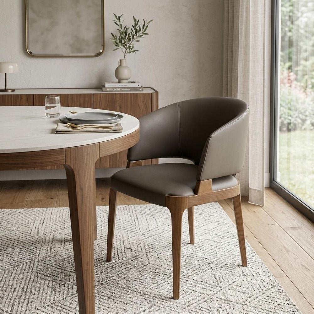Dark Gray And Brown Upholstered Faux Leather Wing Back Dining Arm Chair