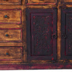 72" Brown And Red Distressed Solid Wood Carved Scrollwork Ten Drawer Buffet Table with Two Doors