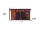 72" Brown And Red Distressed Solid Wood Carved Scrollwork Ten Drawer Buffet Table with Two Doors