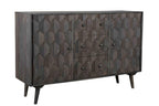 55" Dark Gray Distressed Solid Wood Carved Geometric Three Drawer Sideboard with Two Doors