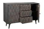 55" Dark Gray Distressed Solid Wood Carved Geometric Three Drawer Sideboard with Two Doors