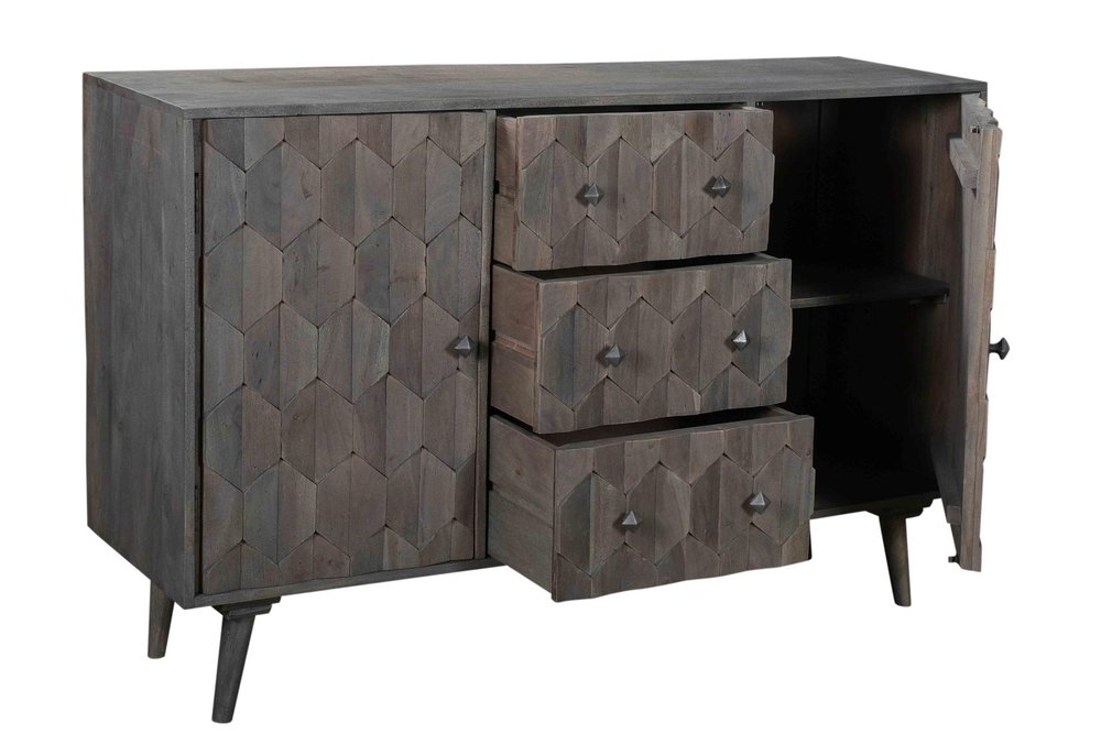 55" Dark Gray Distressed Solid Wood Carved Geometric Three Drawer Sideboard with Two Doors