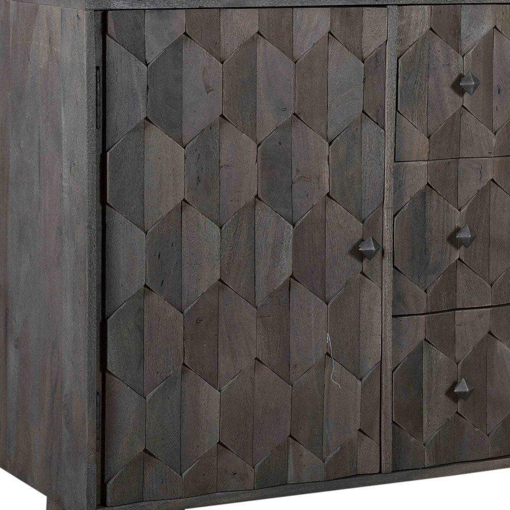 55" Dark Gray Distressed Solid Wood Carved Geometric Three Drawer Sideboard with Two Doors