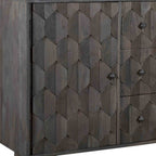 55" Dark Gray Distressed Solid Wood Carved Geometric Three Drawer Sideboard with Two Doors