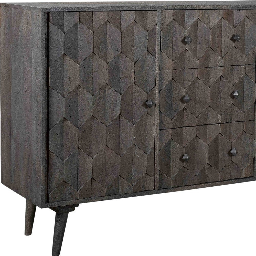 55" Dark Gray Distressed Solid Wood Carved Geometric Three Drawer Sideboard with Two Doors