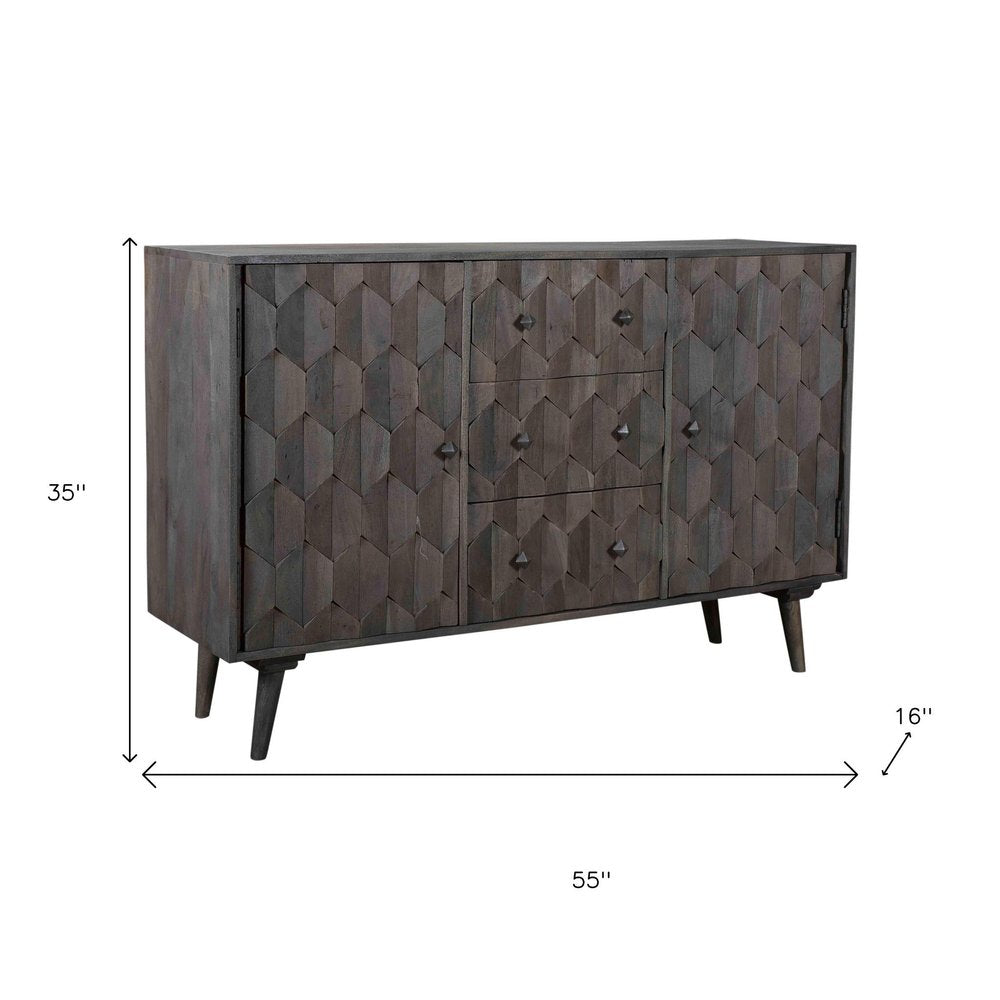 55" Dark Gray Distressed Solid Wood Carved Geometric Three Drawer Sideboard with Two Doors