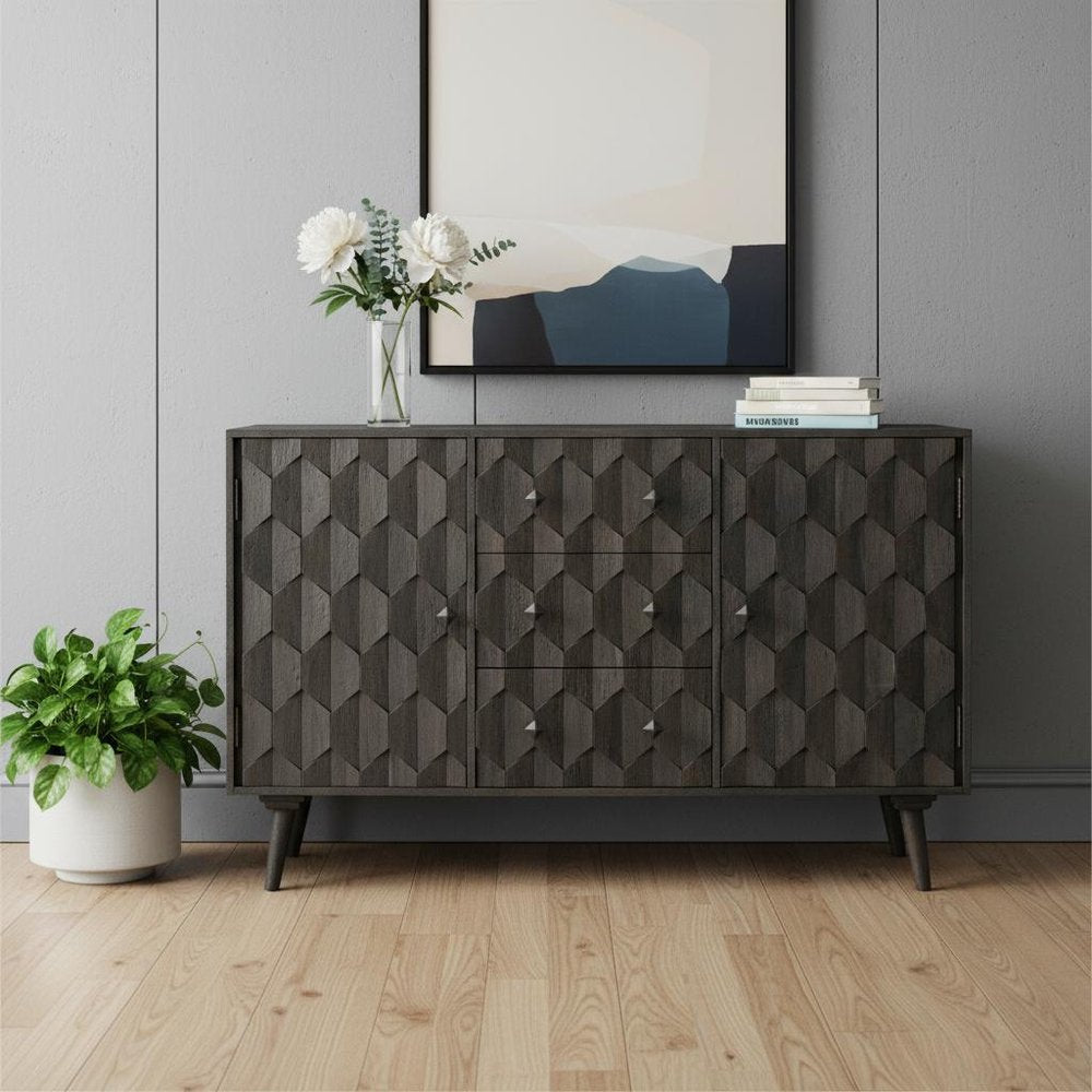 55" Dark Gray Distressed Solid Wood Carved Geometric Three Drawer Sideboard with Two Doors