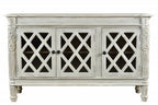 58" White Distressed Solid Wood Carved Scrollwork Sideboard with Three Glass Doors