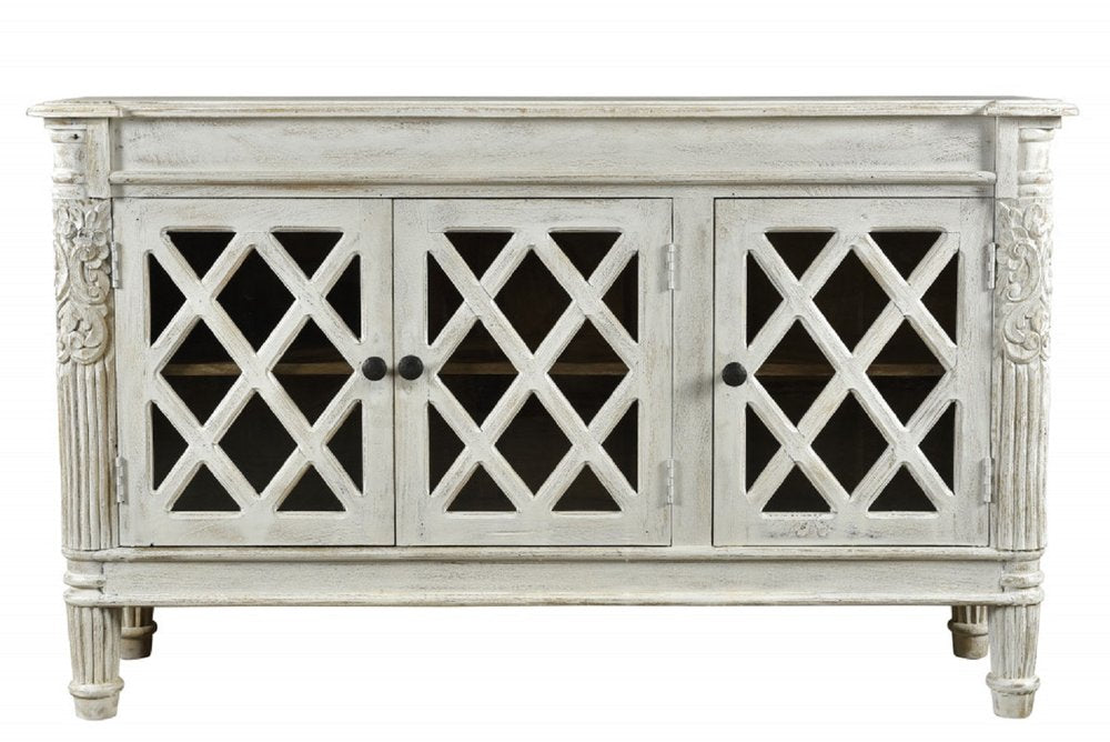 58" White Distressed Solid Wood Carved Scrollwork Sideboard with Three Glass Doors