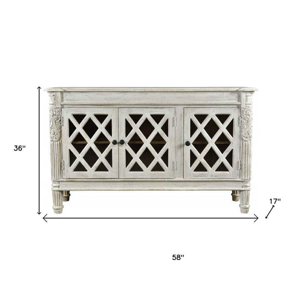 58" White Distressed Solid Wood Carved Scrollwork Sideboard with Three Glass Doors