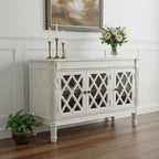 58" White Distressed Solid Wood Carved Scrollwork Sideboard with Three Glass Doors