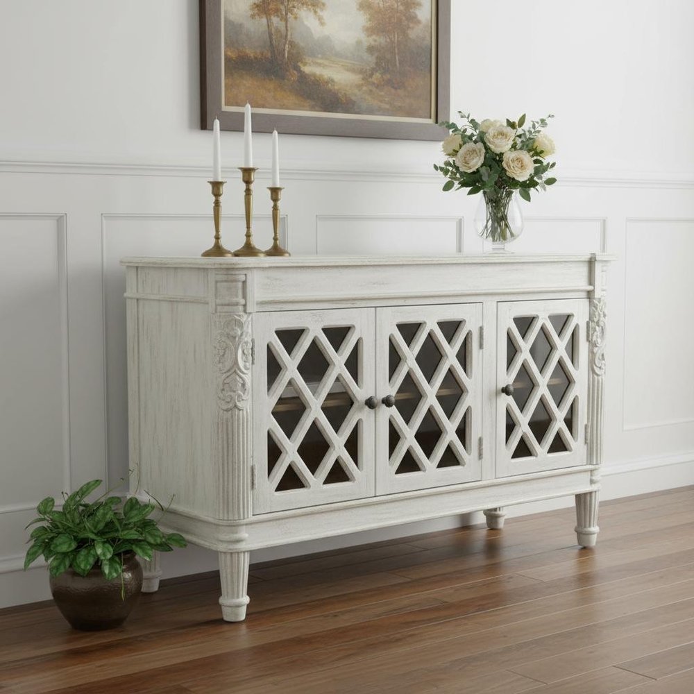58" White Distressed Solid Wood Carved Scrollwork Sideboard with Three Glass Doors