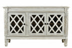 58" White Distressed Solid Wood Carved Scrollwork Sideboard with Three Glass Doors
