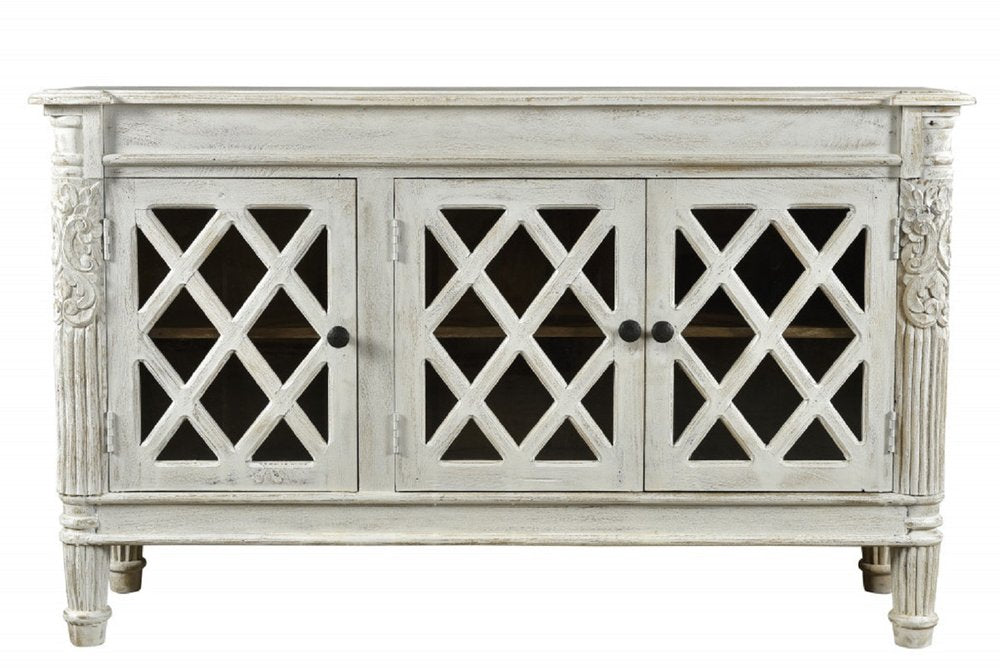58" White Distressed Solid Wood Carved Scrollwork Sideboard with Three Glass Doors
