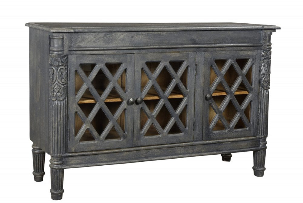 58" Dark Gray Distressed Solid Wood Carved Scrollwork Sideboard with Three Glass Doors