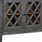 58" Dark Gray Distressed Solid Wood Carved Scrollwork Sideboard with Three Glass Doors
