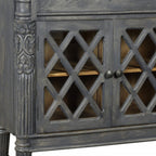 58" Dark Gray Distressed Solid Wood Carved Scrollwork Sideboard with Three Glass Doors