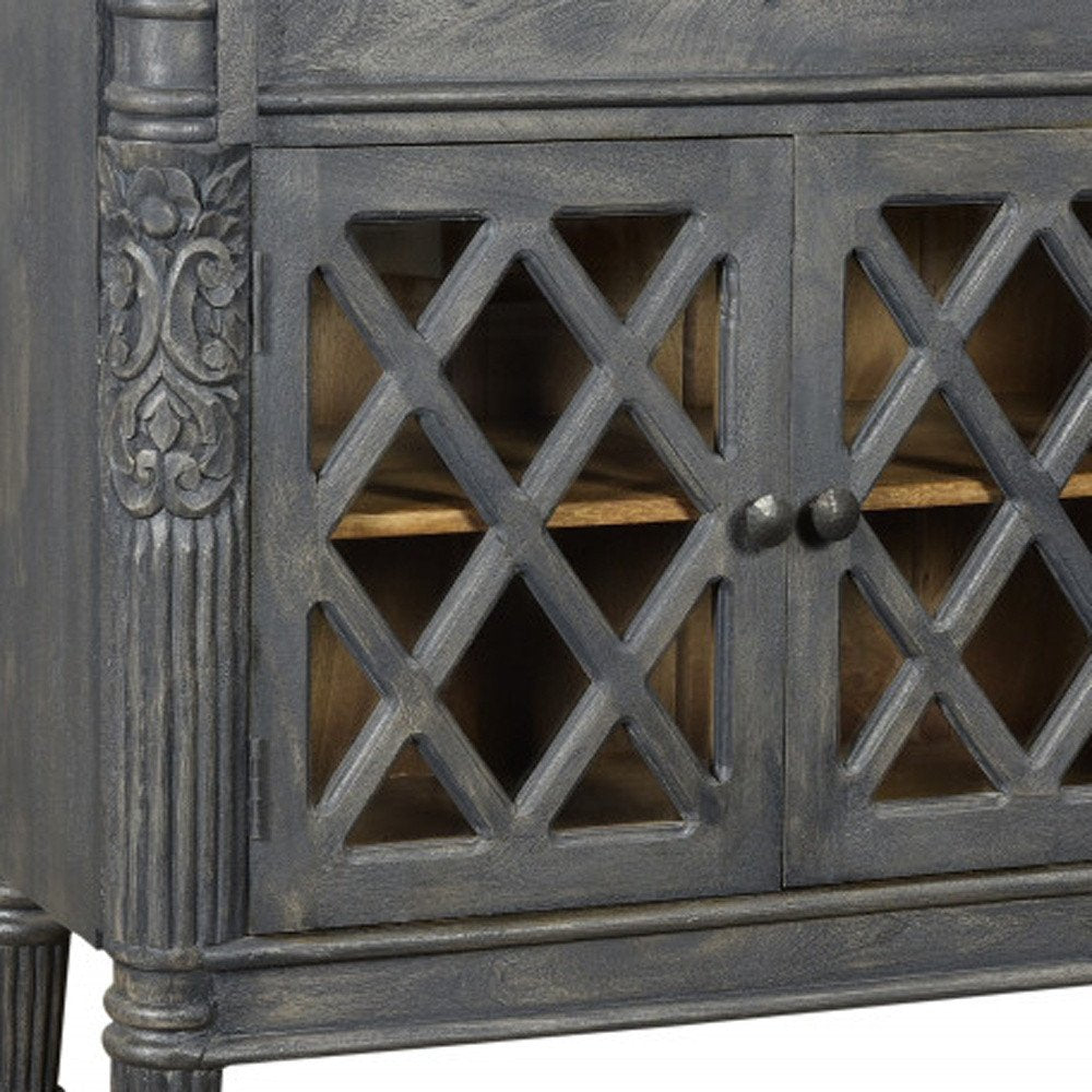 58" Dark Gray Distressed Solid Wood Carved Scrollwork Sideboard with Three Glass Doors