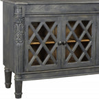 58" Dark Gray Distressed Solid Wood Carved Scrollwork Sideboard with Three Glass Doors
