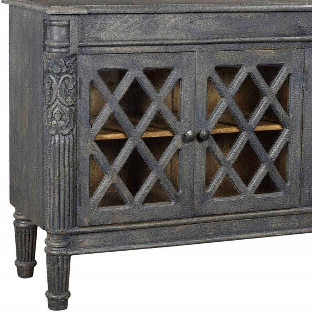 58" Dark Gray Distressed Solid Wood Carved Scrollwork Sideboard with Three Glass Doors