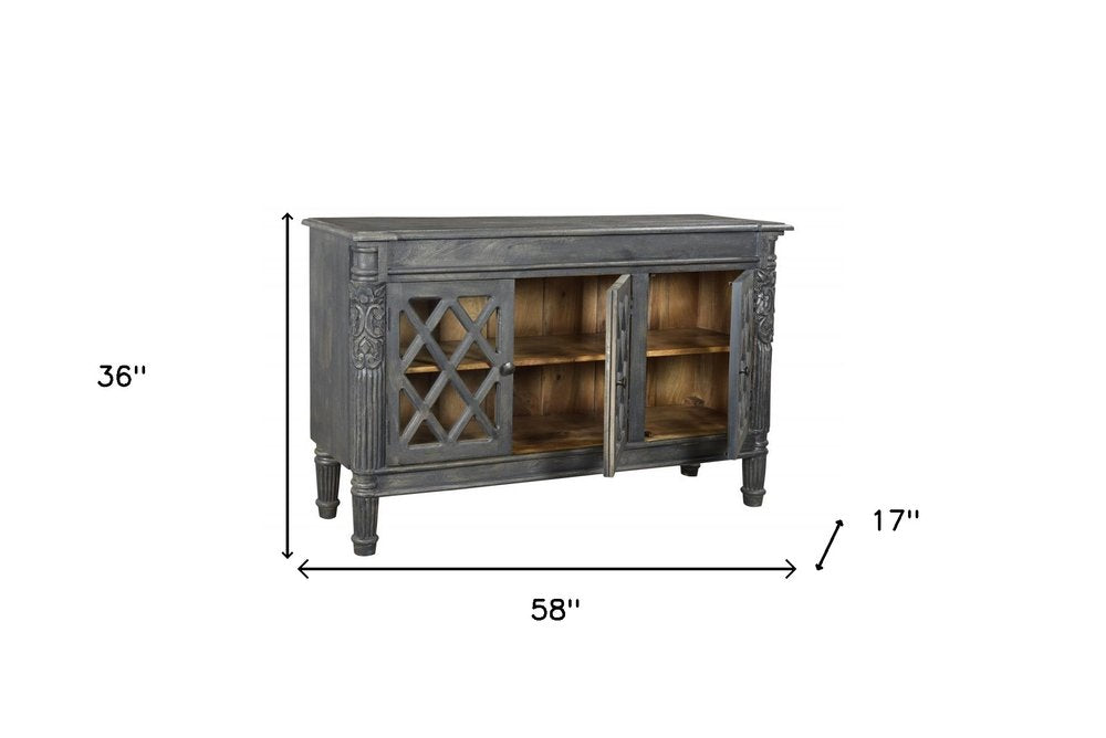58" Dark Gray Distressed Solid Wood Carved Scrollwork Sideboard with Three Glass Doors
