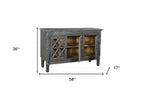58" Dark Gray Distressed Solid Wood Carved Scrollwork Sideboard with Three Glass Doors