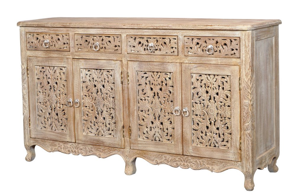 66" Light Brown Solid Wood Four Drawer Buffet Table with Four Doors
