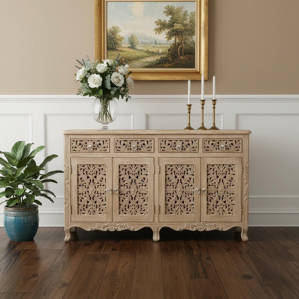 66" Light Brown Solid Wood Four Drawer Buffet Table with Four Doors