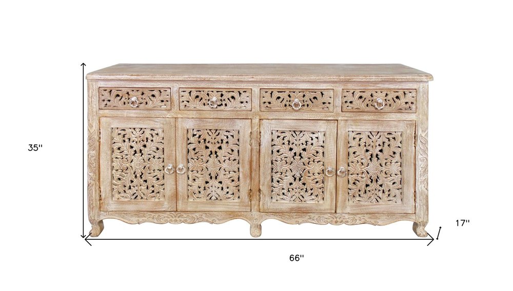 66" Light Brown Solid Wood Four Drawer Buffet Table with Four Doors