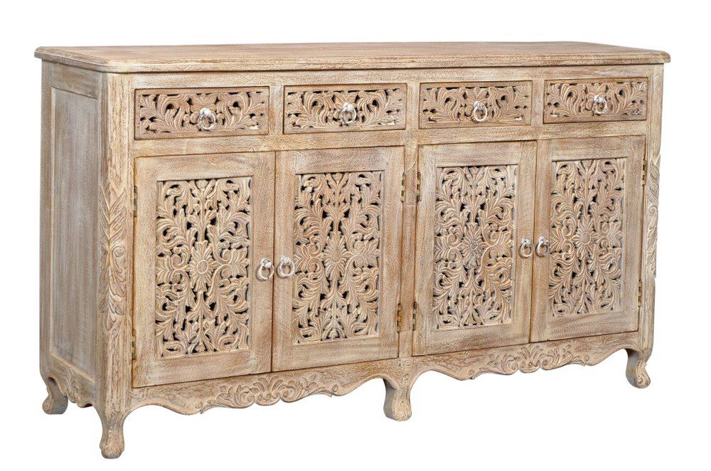 66" Light Brown Solid Wood Four Drawer Buffet Table with Four Doors