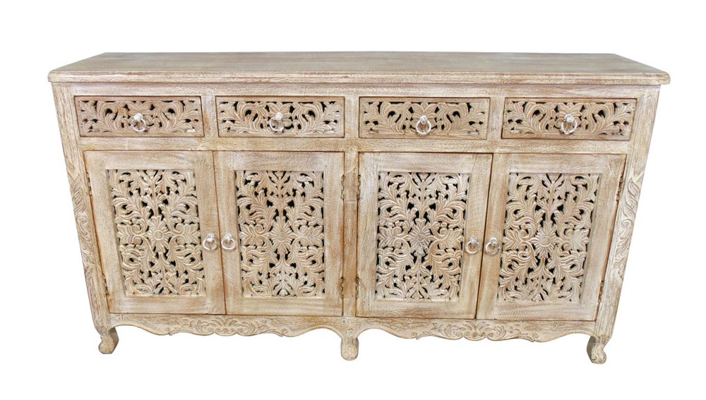66" Light Brown Solid Wood Four Drawer Buffet Table with Four Doors
