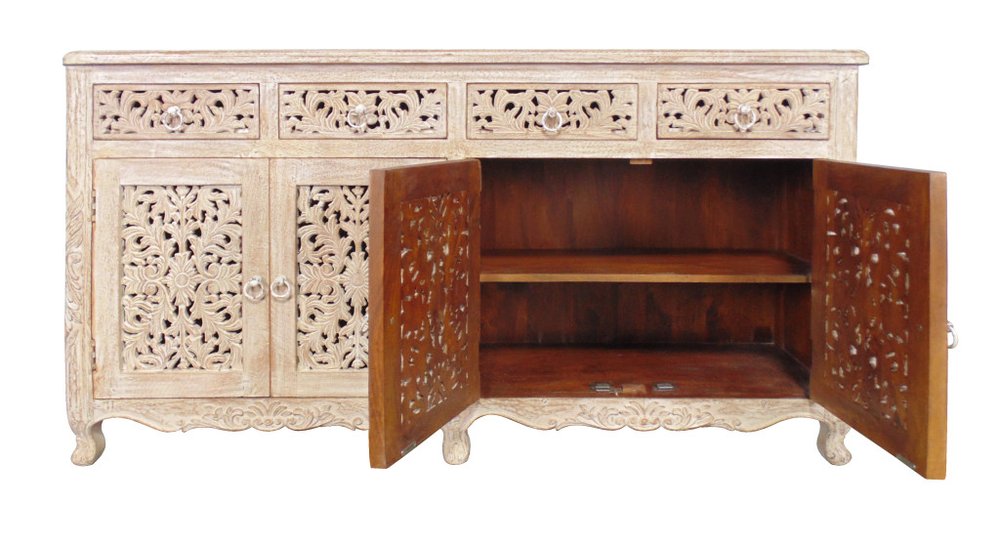 66" Light Brown Solid Wood Four Drawer Buffet Table with Four Doors