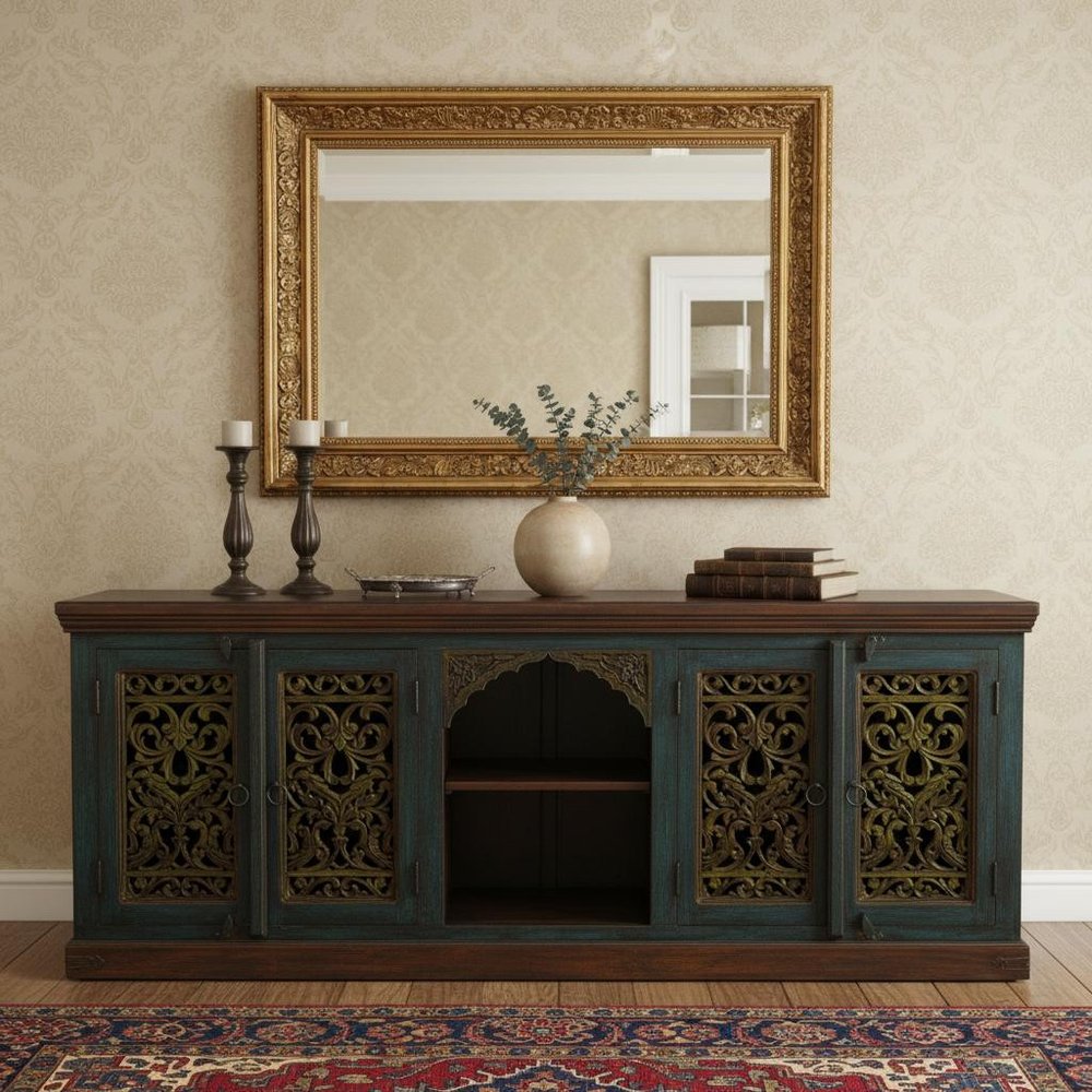 91" Brown Gray and Green Solid Wood Buffet Table with Two Doors