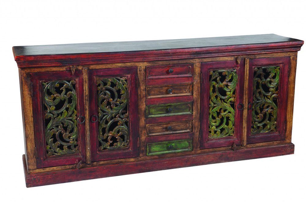 84" Brown Gray and Green Solid Wood Five Drawer Buffet Table with Four Doors