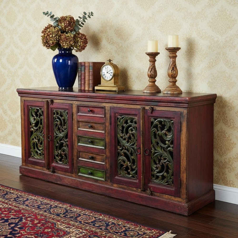 84" Brown Gray and Green Solid Wood Five Drawer Buffet Table with Four Doors