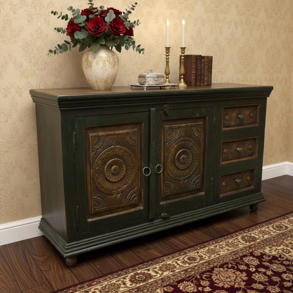 60" Dark Brown and Green Solid Wood Three Drawer Buffet Table with Two Doors