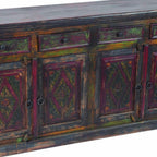72" Dark Brown and Green Solid Wood Four Drawer Sideboard with Four Doors